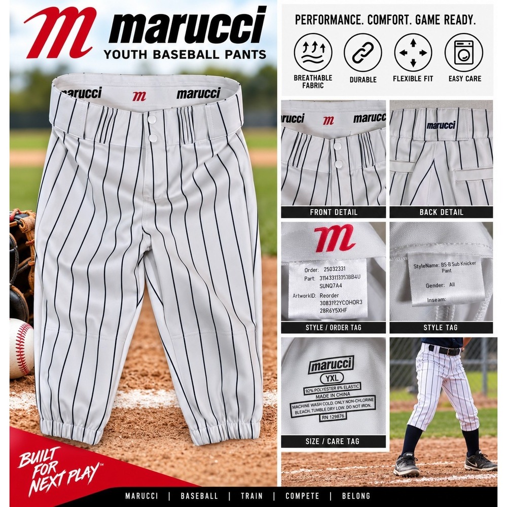 Marucci Youth XL YXL Baseball Knicker Pants White Navy Pinstripe US Nationals